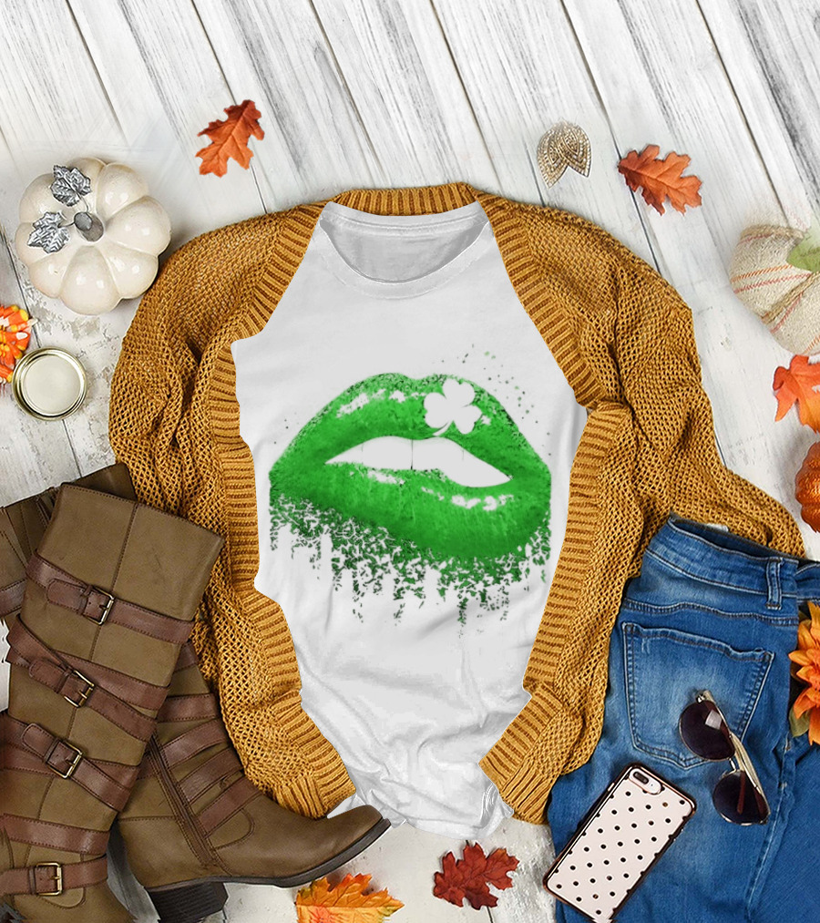 St Patrick's Day Green Lips Shamrock Shape T-Shirt