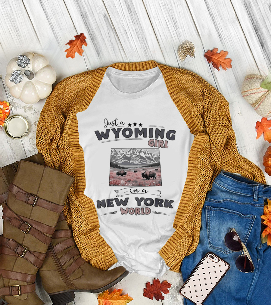 Just a Wyoming Girl in a New York World Buffalo and Mountain Scene T-Shirt