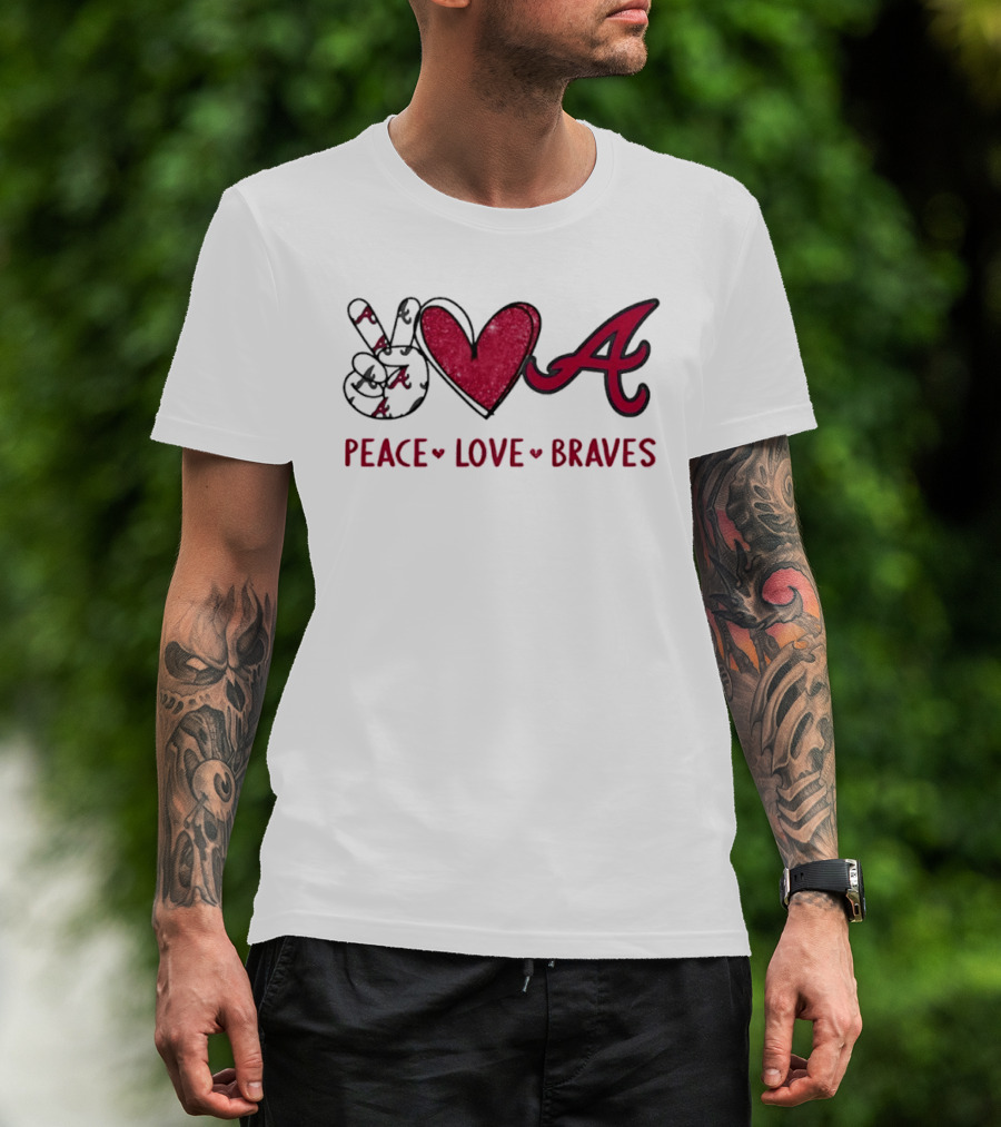 Atlanta Braves Peace Love Hand Sign Heart Shape T-Shirt
