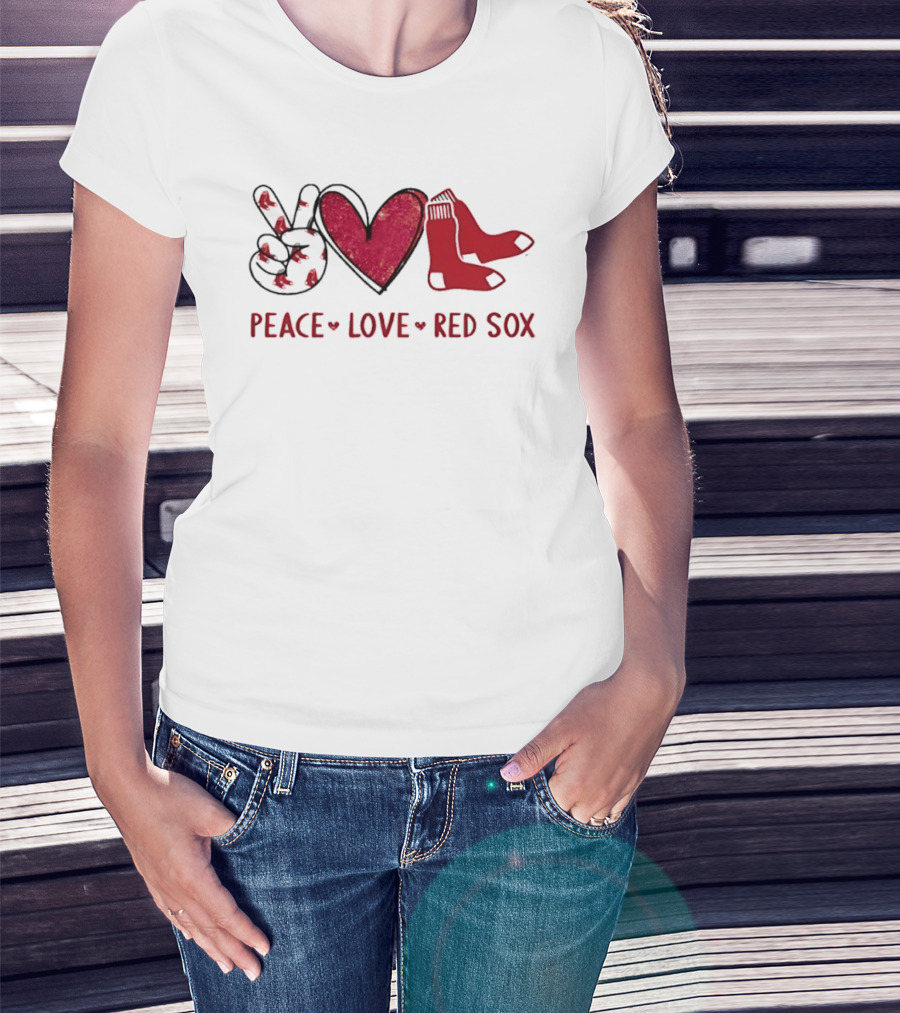 Peace Love Red Sox Hand Sign Heart Shape Socks T-Shirt