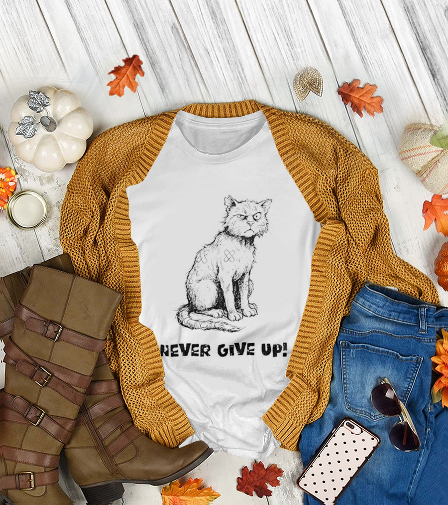 Cat Never Give Up Resilient Sketch Cat T-Shirt