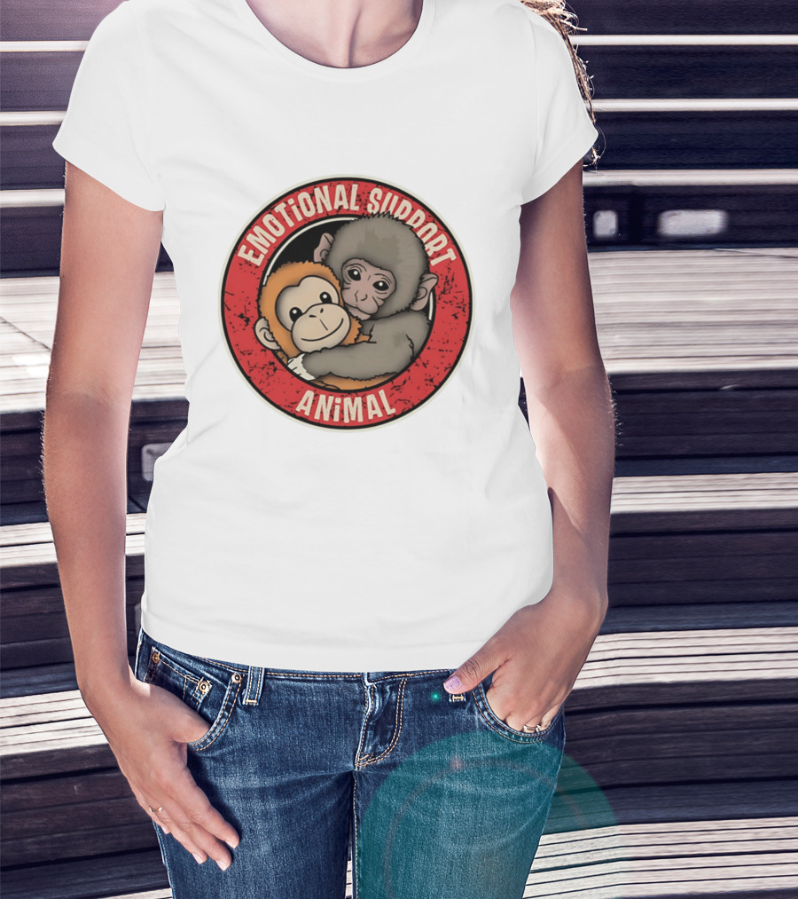 Emotional Support Animal Monkey Punch Hugging Sticker T-Shirt
