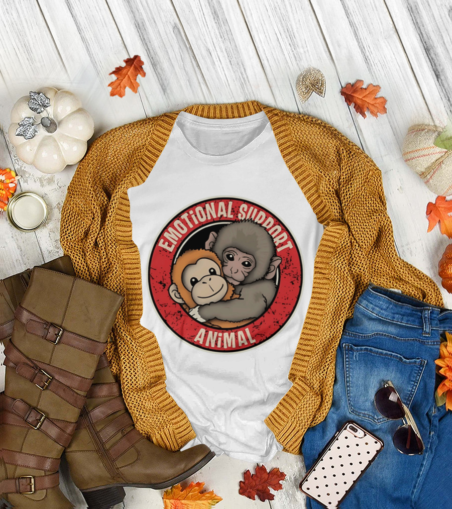 Emotional Support Animal Monkey Punch Hugging Sticker T-Shirt