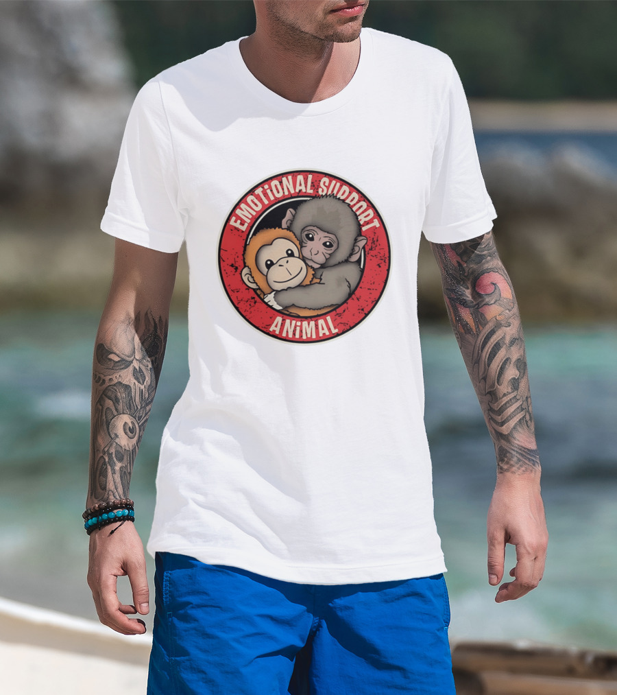 Emotional Support Animal Monkey Punch Hugging Sticker T-Shirt