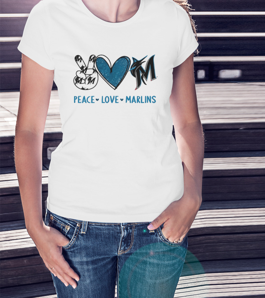 Peace Love Miami Marlins Hand Sign Heart Shape T-Shirt