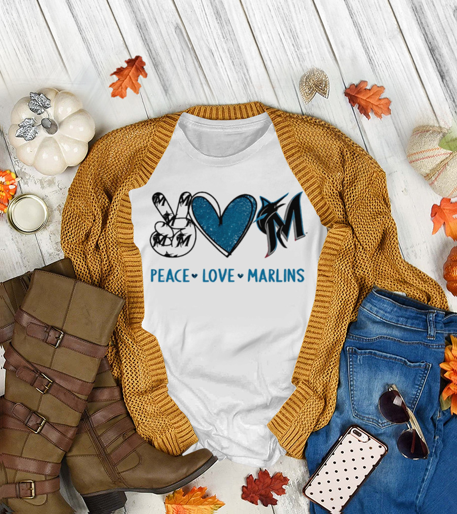 Peace Love Miami Marlins Hand Sign Heart Shape T-Shirt