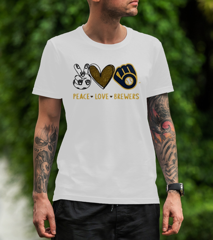 Milwaukee Brewers Peace Love Hand Sign Heart Shape T-Shirt