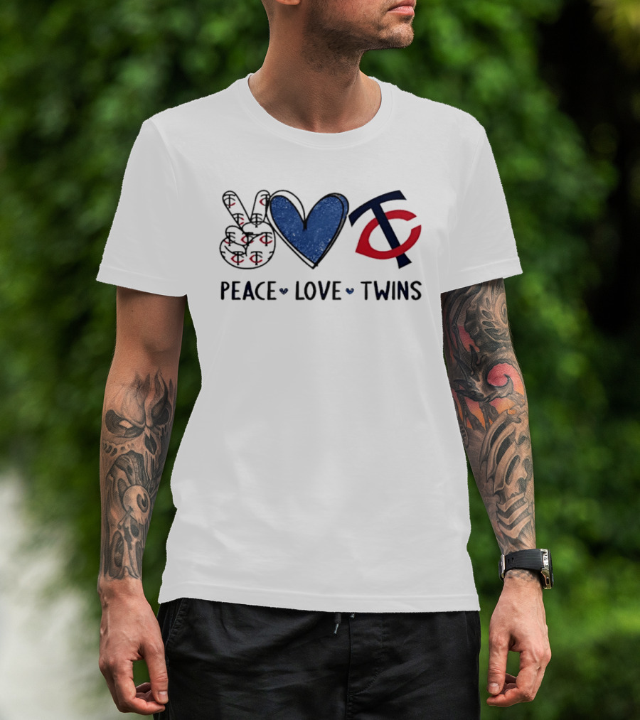 PEACE LOVE TWINS Hand Sign Heart Shape TC Logo Minnesota Twins T-Shirt