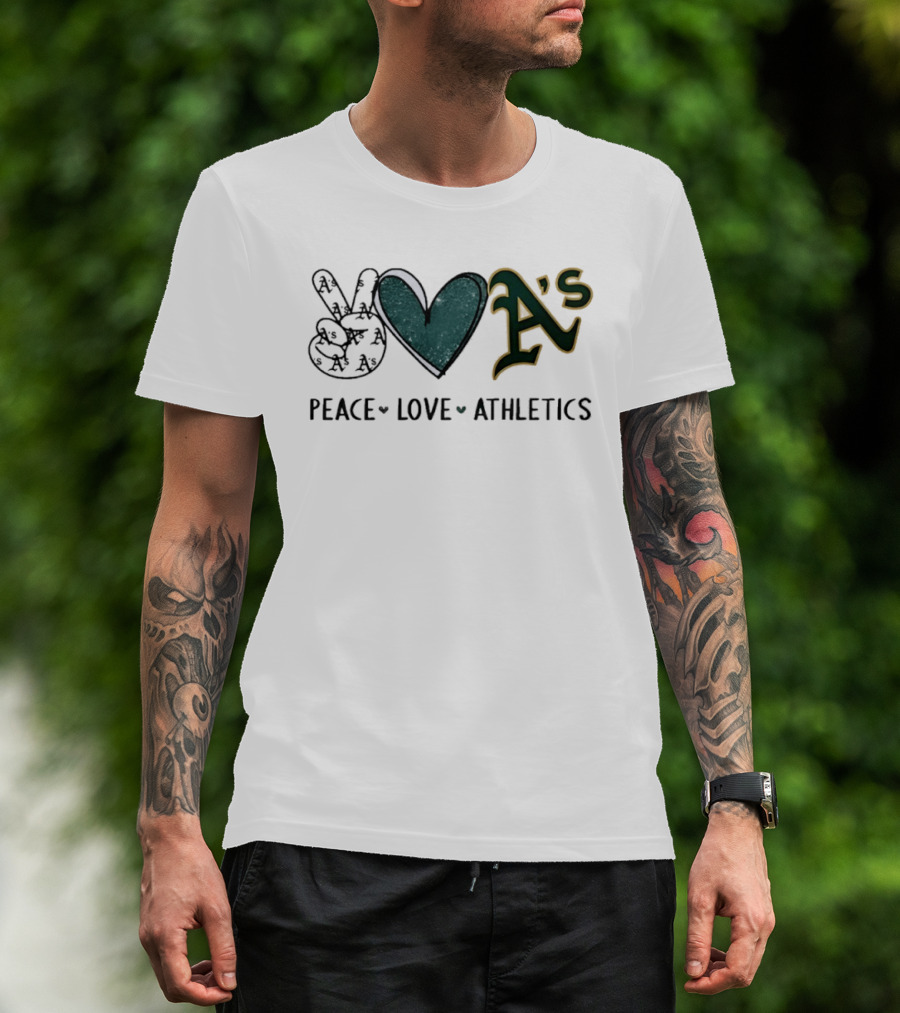 Peace Love Oakland Athletics Hand Sign Heart Shape A's T-Shirt