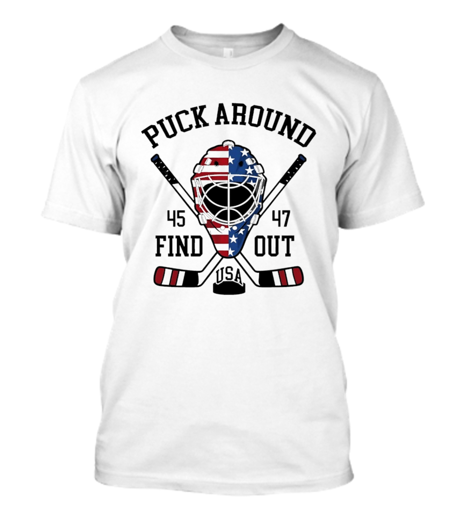 Puck Around Find Out USA Stars Stripes Helmet 45 47 Hockey T-Shirt