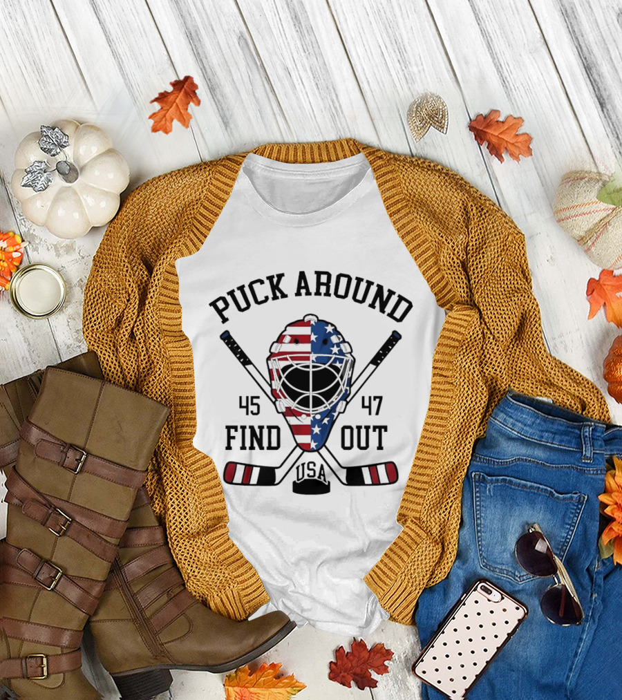 Puck Around Find Out USA Stars Stripes Helmet 45 47 Hockey T-Shirt
