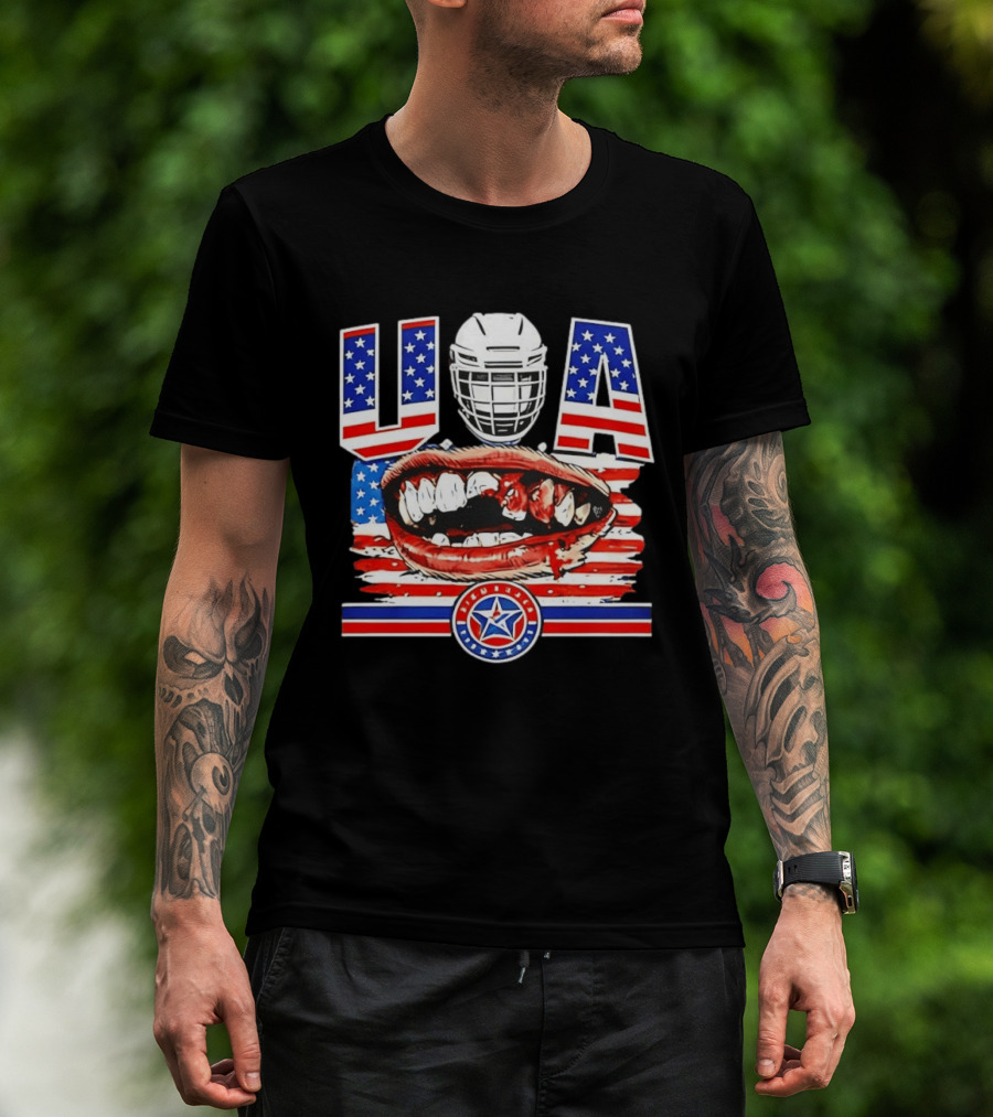 USA Hockey Helmet Bloody Teeth Mouth Stars Stripes Flag T-Shirt