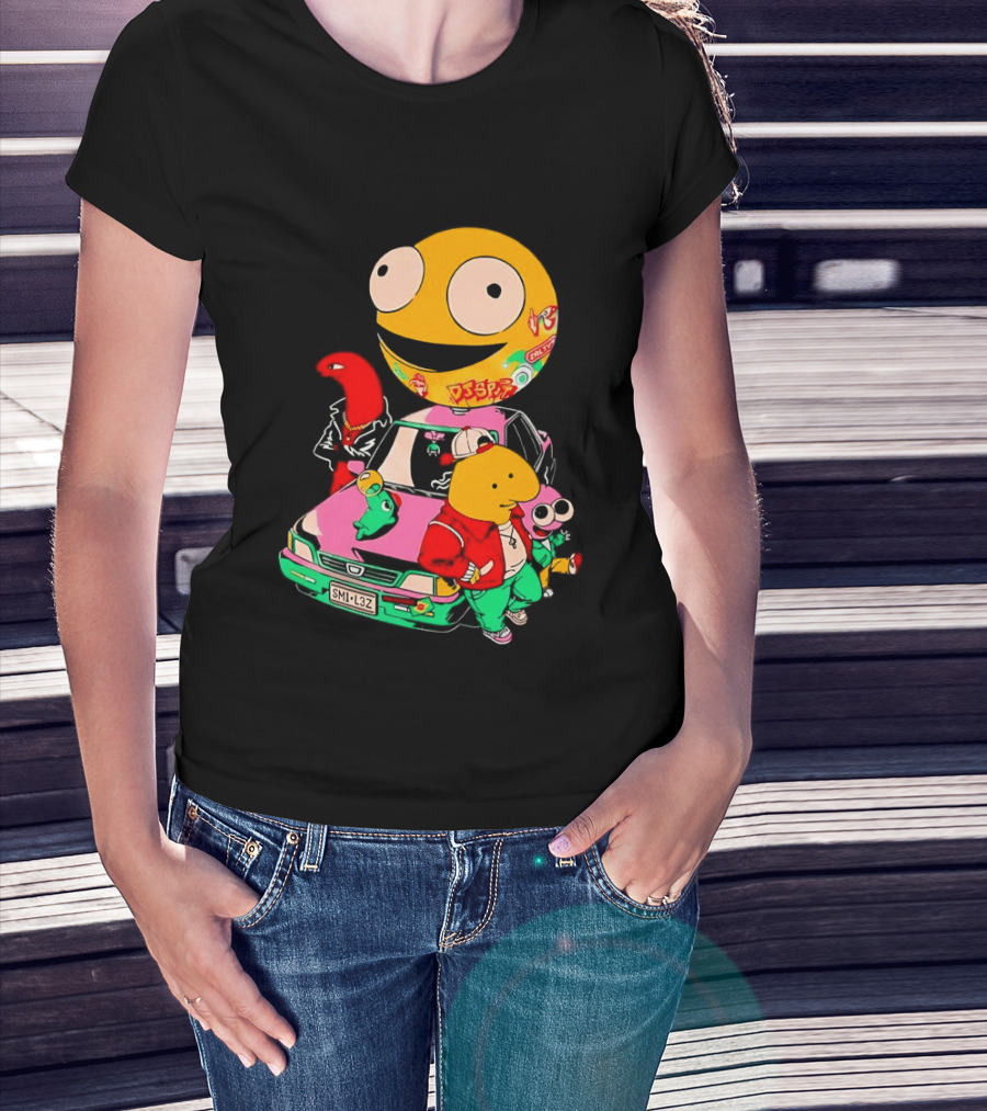 Pac Man Inspired Japanese Characters And Vintage Car Adventure T-Shirt