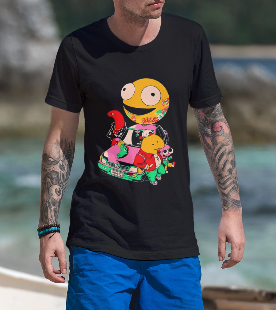 Pac Man Inspired Japanese Characters And Vintage Car Adventure T-Shirt