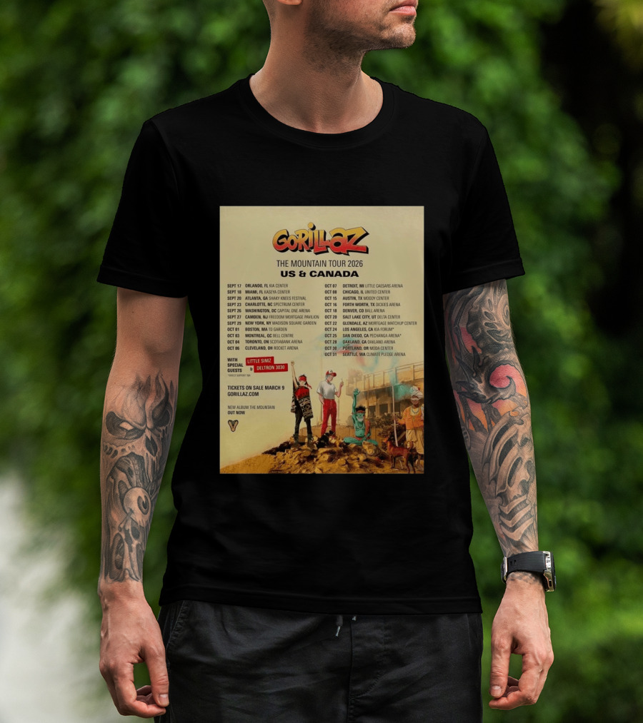 Gorillaz The Mountain Tour 2026 US Canada Dates Little Simz Deltron 3030 T-Shirt