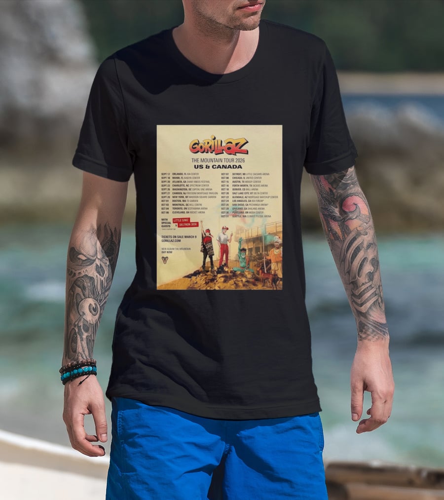 Gorillaz The Mountain Tour 2026 US Canada Dates Little Simz Deltron 3030 T-Shirt