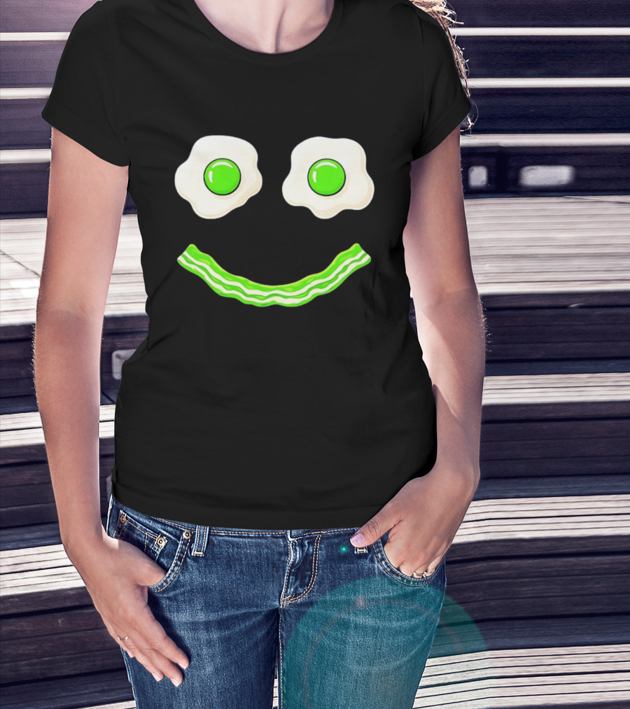 Green Smile Face Eggs And Bacon Ham Breakfast Fun Food Expression T-Shirt