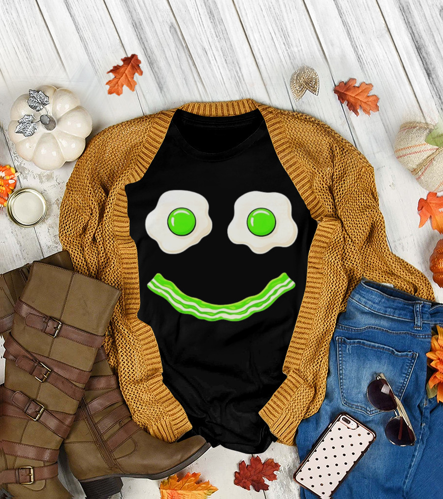 Green Smile Face Eggs and Bacon Ham Breakfast Fun Food Expression T-Shirt