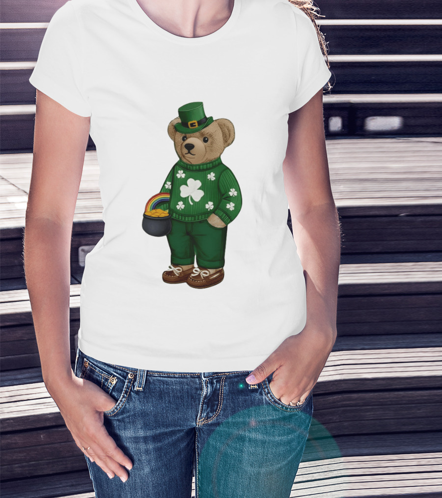 Lucky Teddy Bear Irish St Patricks Day Clover Rainbow Pot Of Gold T-Shirt