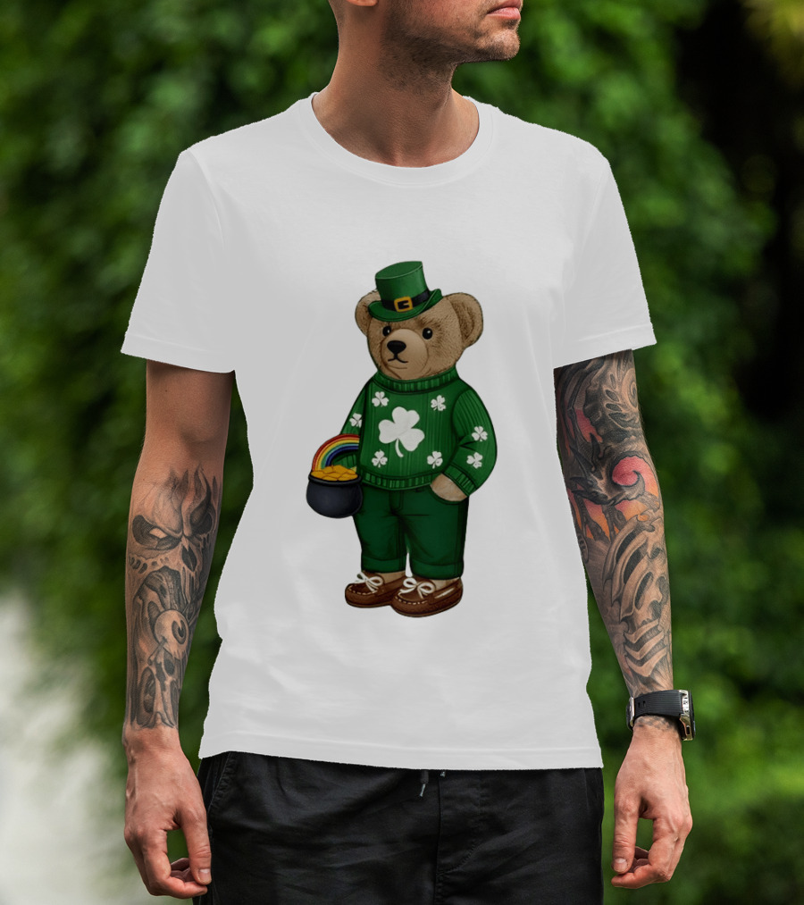 Lucky Teddy Bear Irish St Patricks Day Clover Rainbow Pot Of Gold T-Shirt