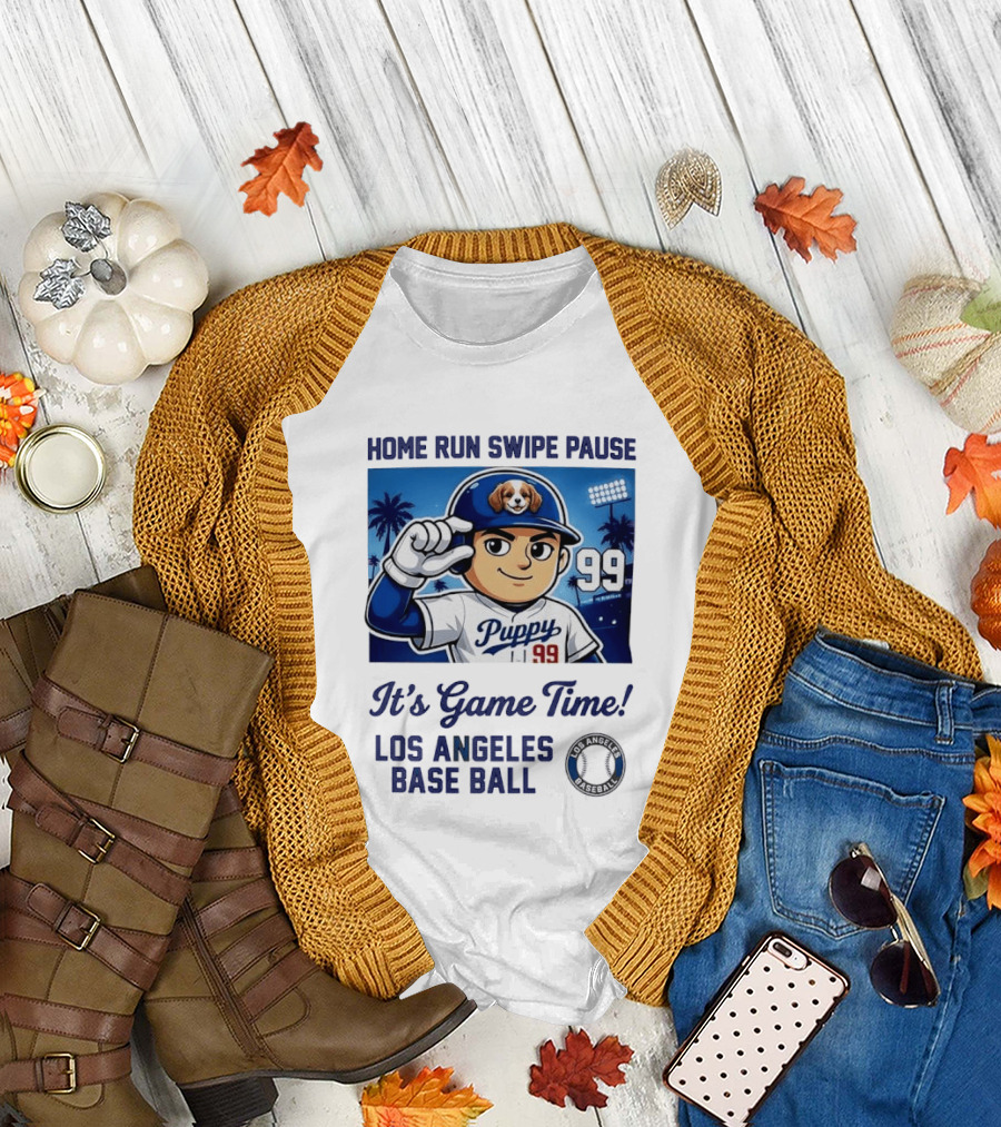 Home Run Swipe Pause Puppy 99 It's Game Time Los Angeles Baseball T-Shirt