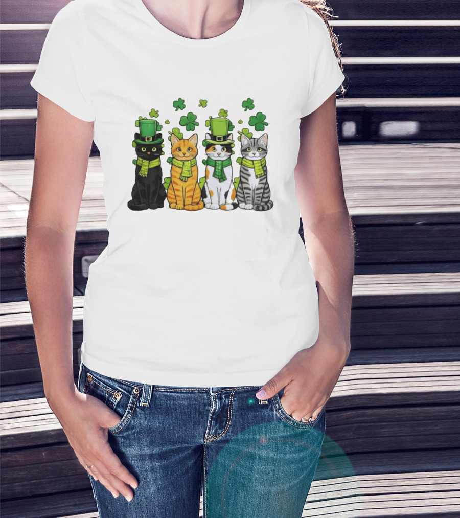 St Catrick's Day Black Cat Orange Tabby Cat Calico Cat And Gray Tabby Cat With Shamrocks And Green St Patrick's Hats T-Shirt
