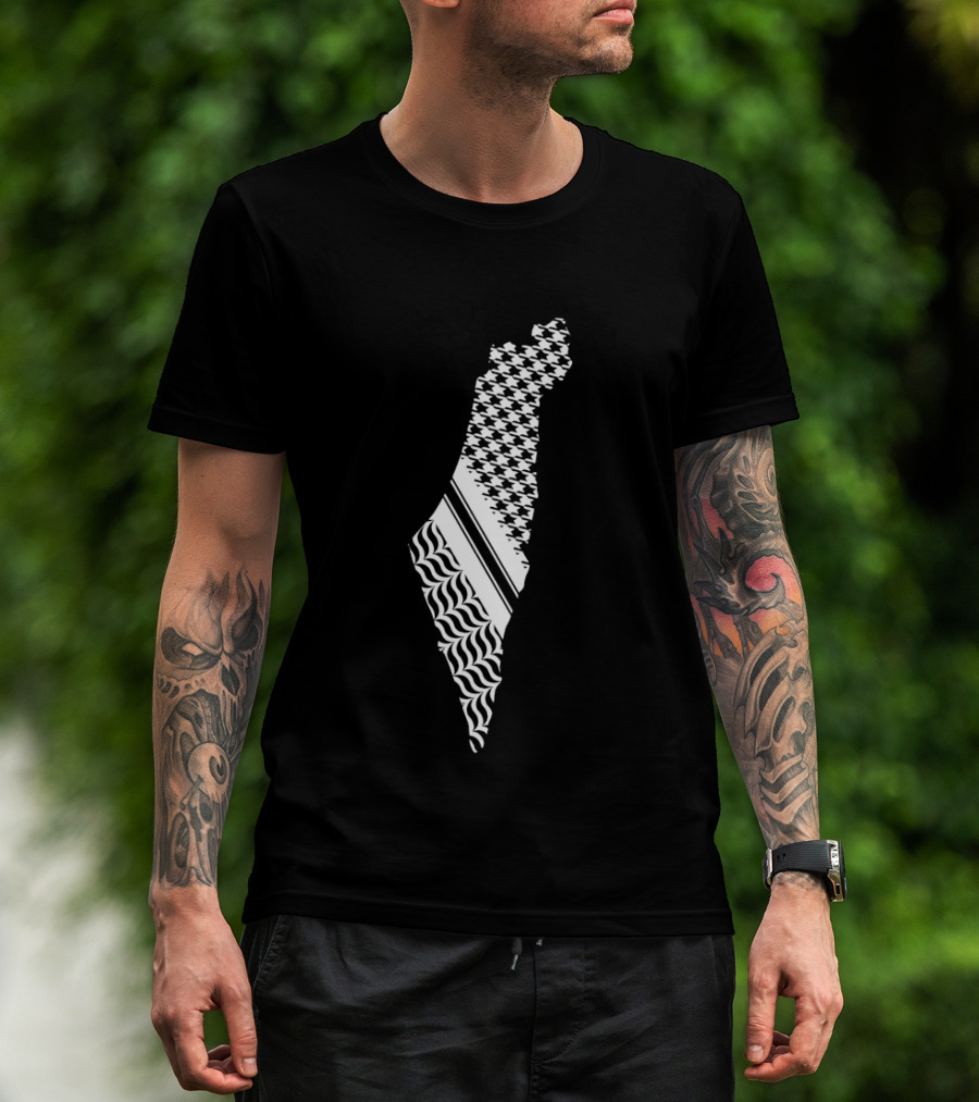 Free Palestine Map With Kufiya And Waves T-Shirt