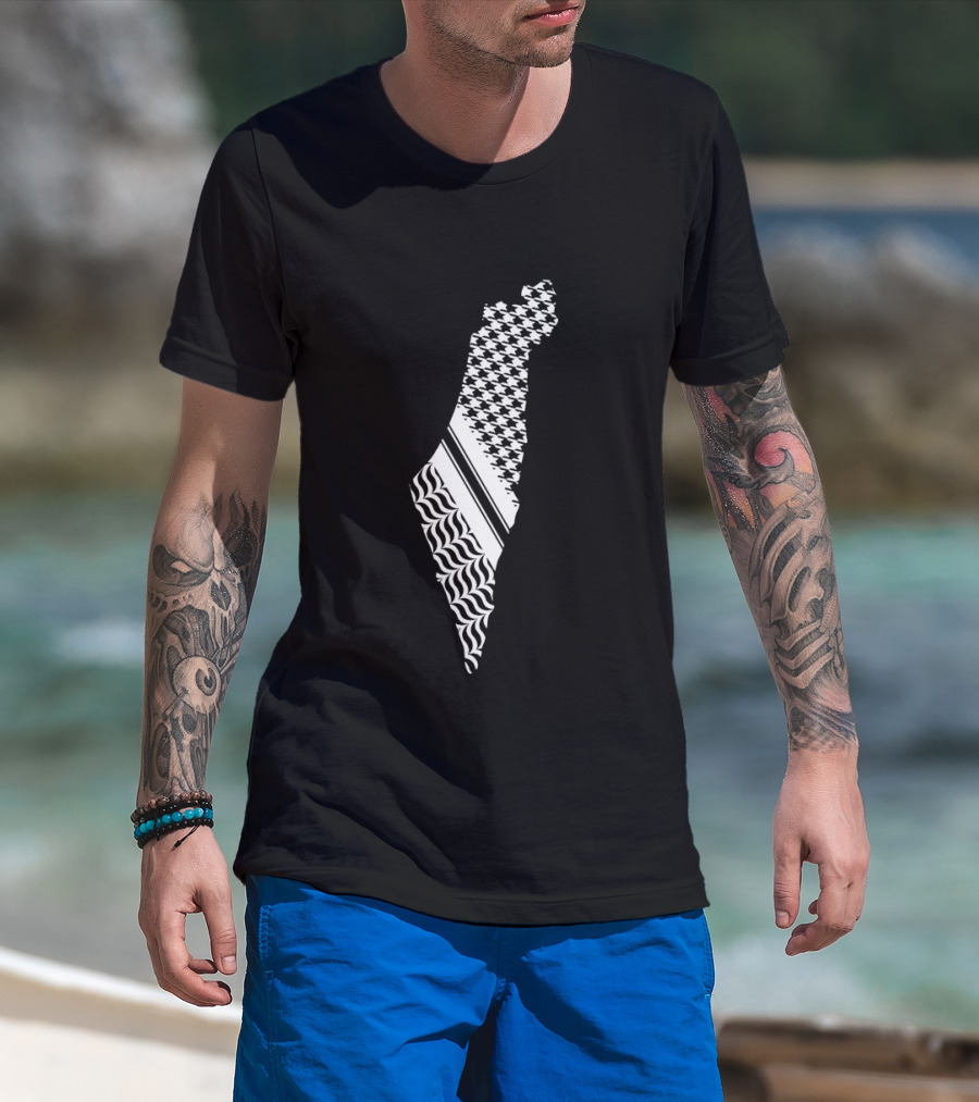 Free Palestine Map With Kufiya And Waves T-Shirt
