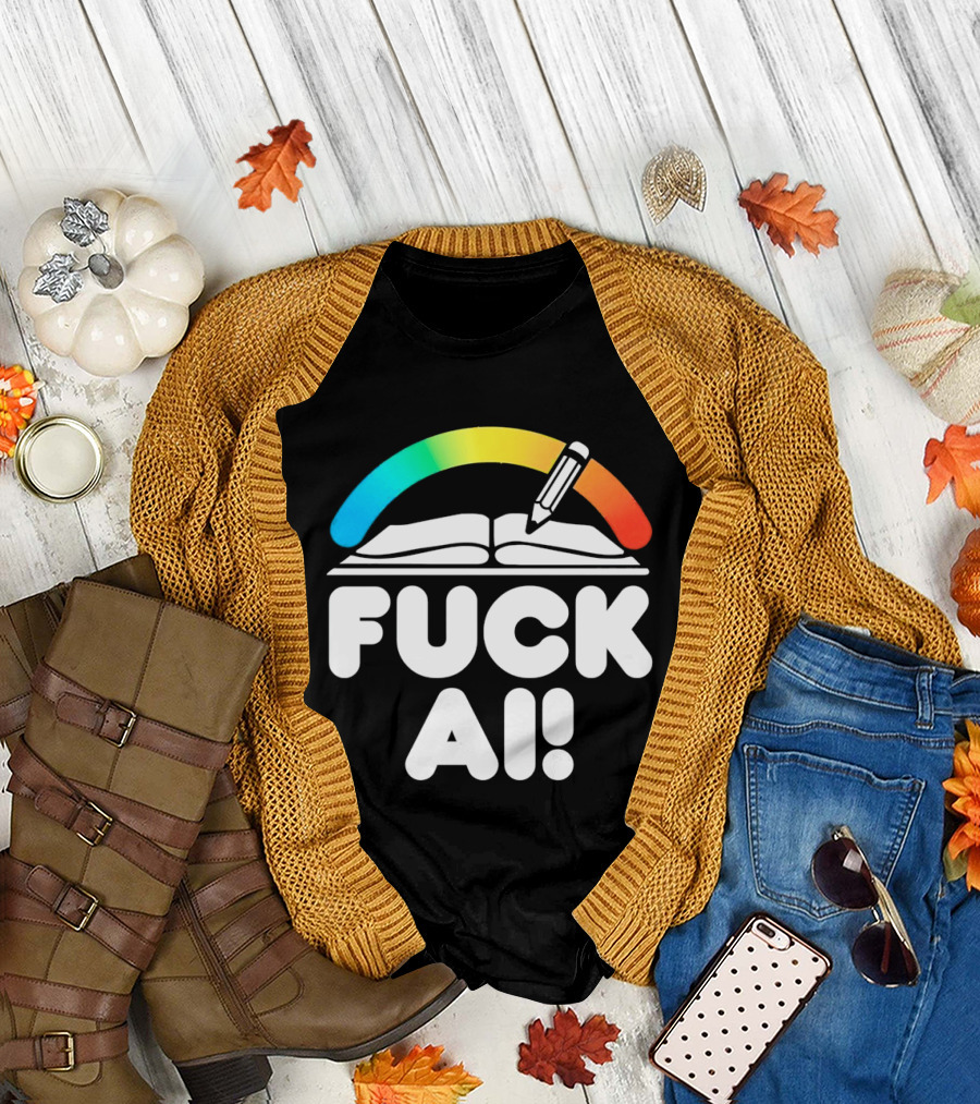 FUCK AI Open Book with Rainbow Pencil T-Shirt