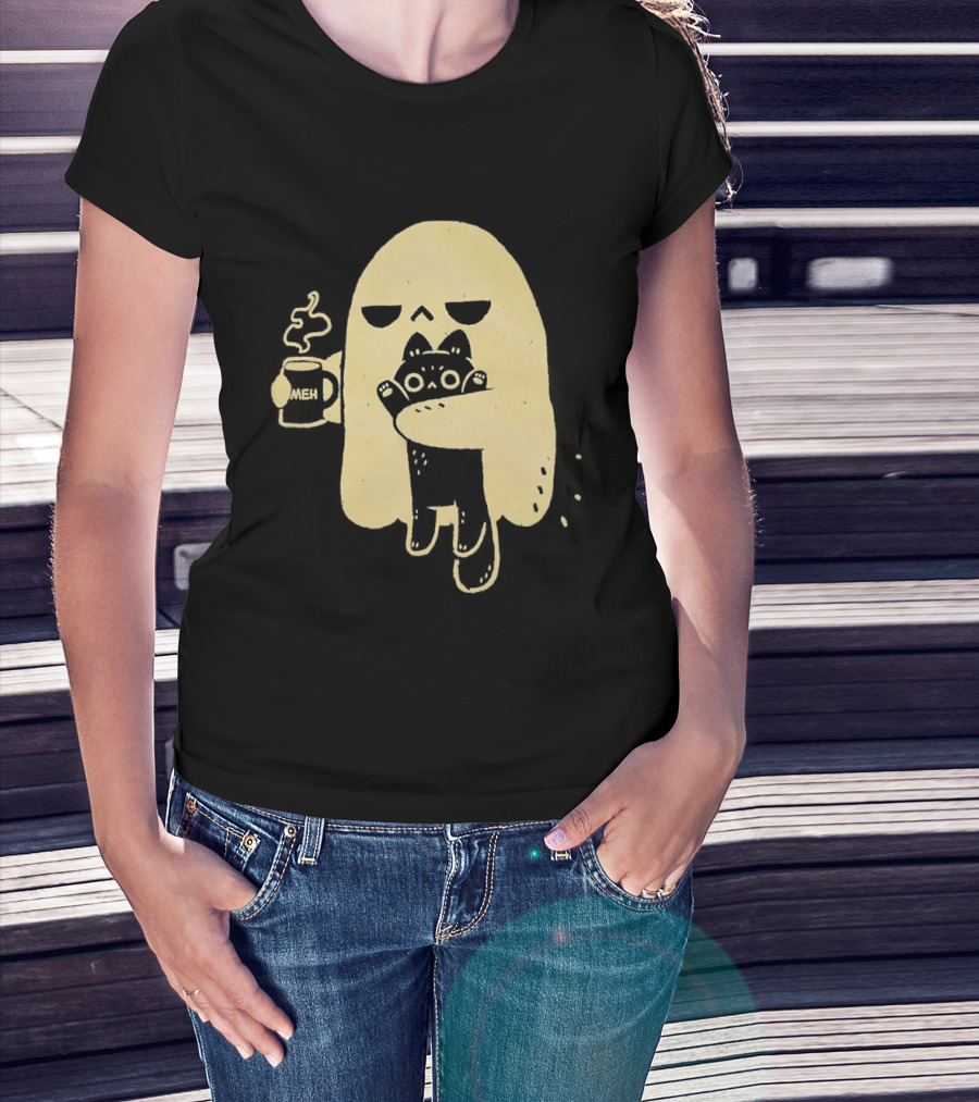 Ghost With Cat And Coffee Cup T-Shirt