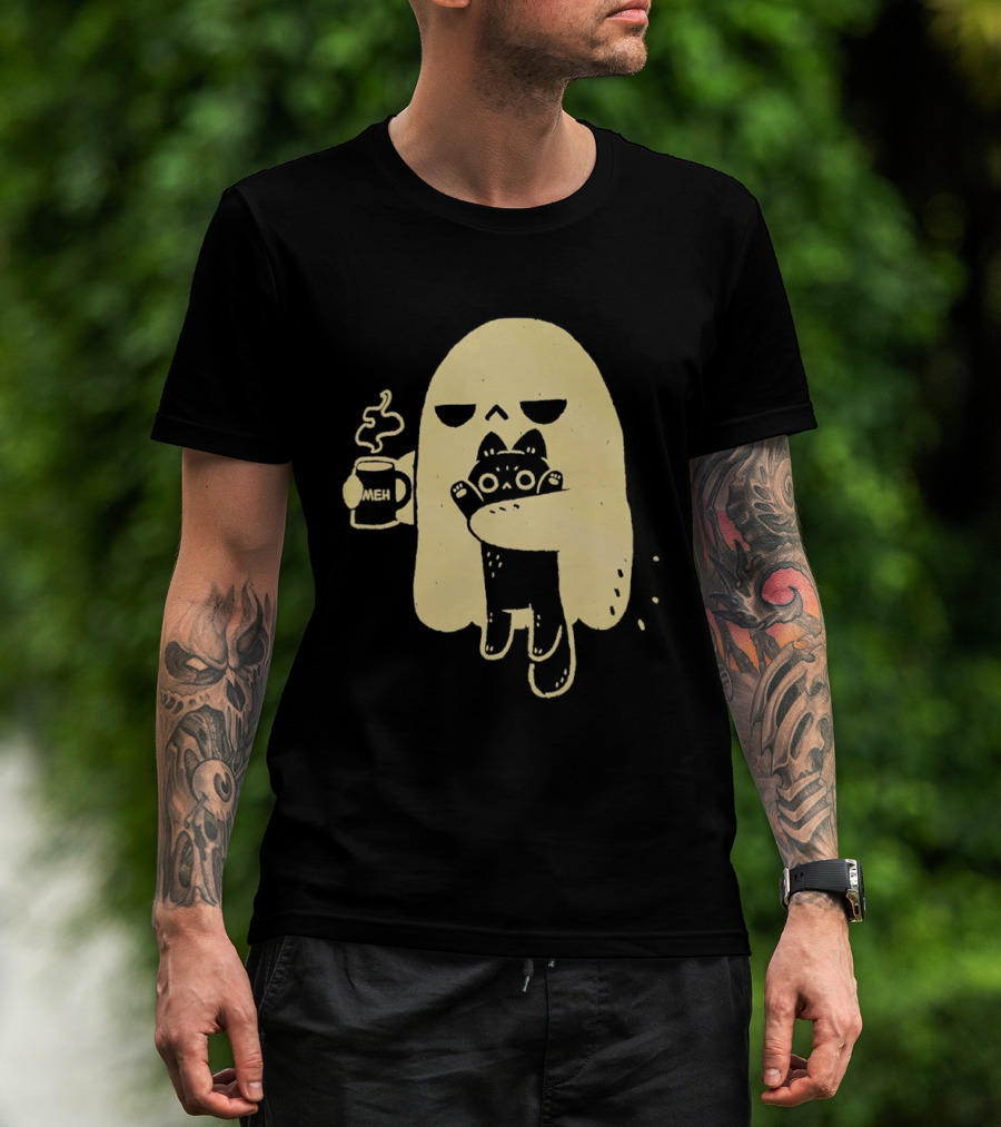 Ghost With Cat And Coffee Cup T-Shirt