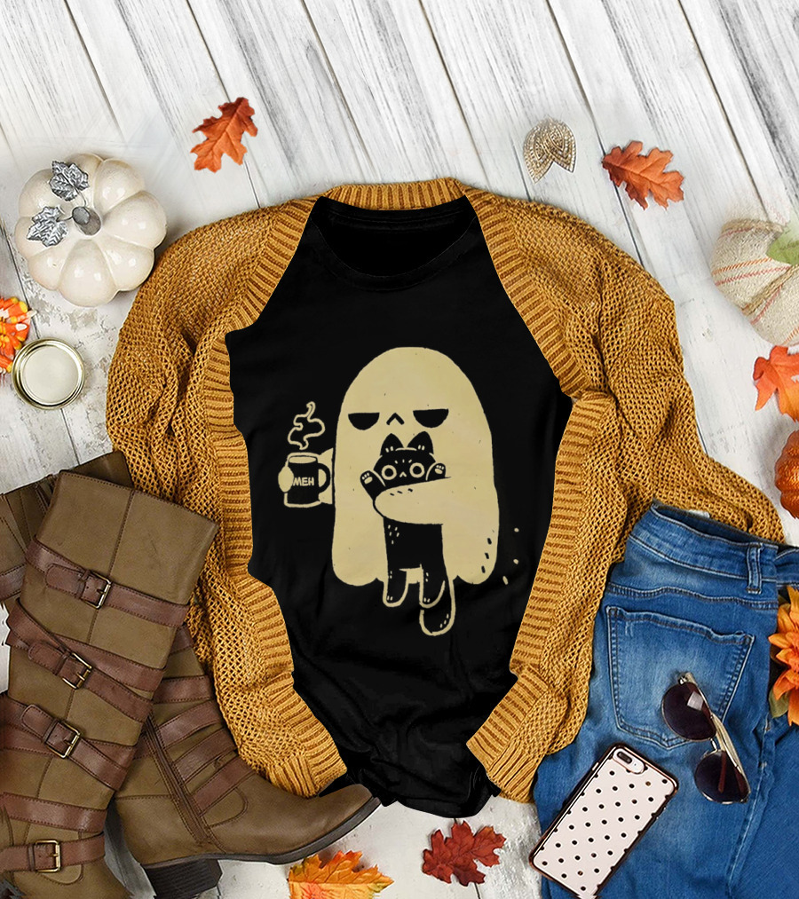 Ghost with Cat and Coffee Cup T-Shirt