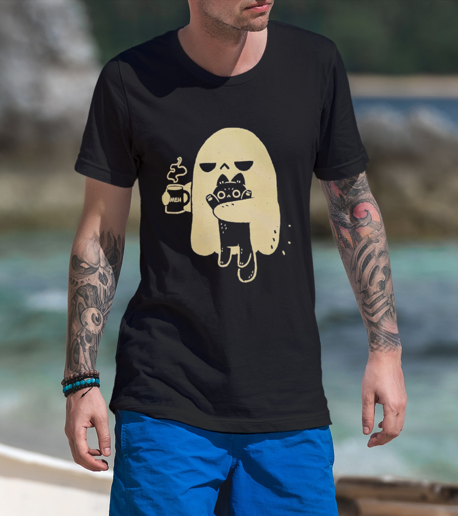 Ghost With Cat And Coffee Cup T-Shirt