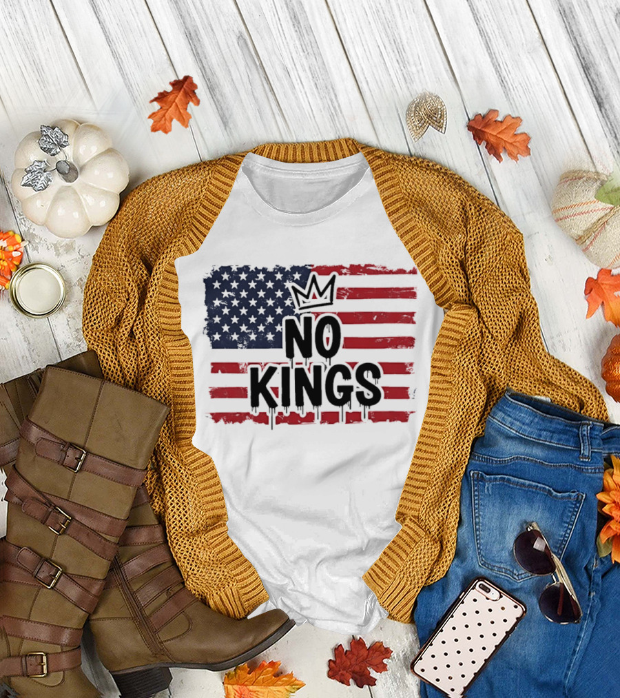 No Kings in America US Flag with Crown Melting Effect T-Shirt