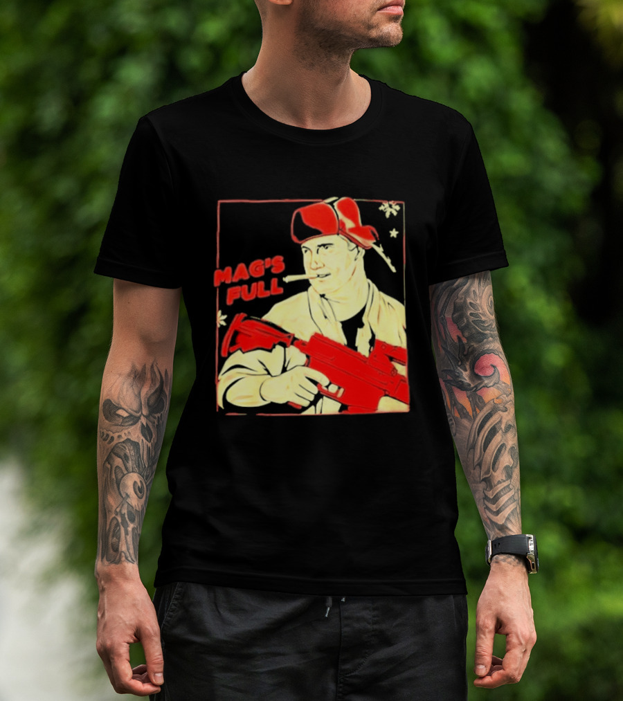 Mag's Full Armed Character With Red Cap And Gun T-Shirt