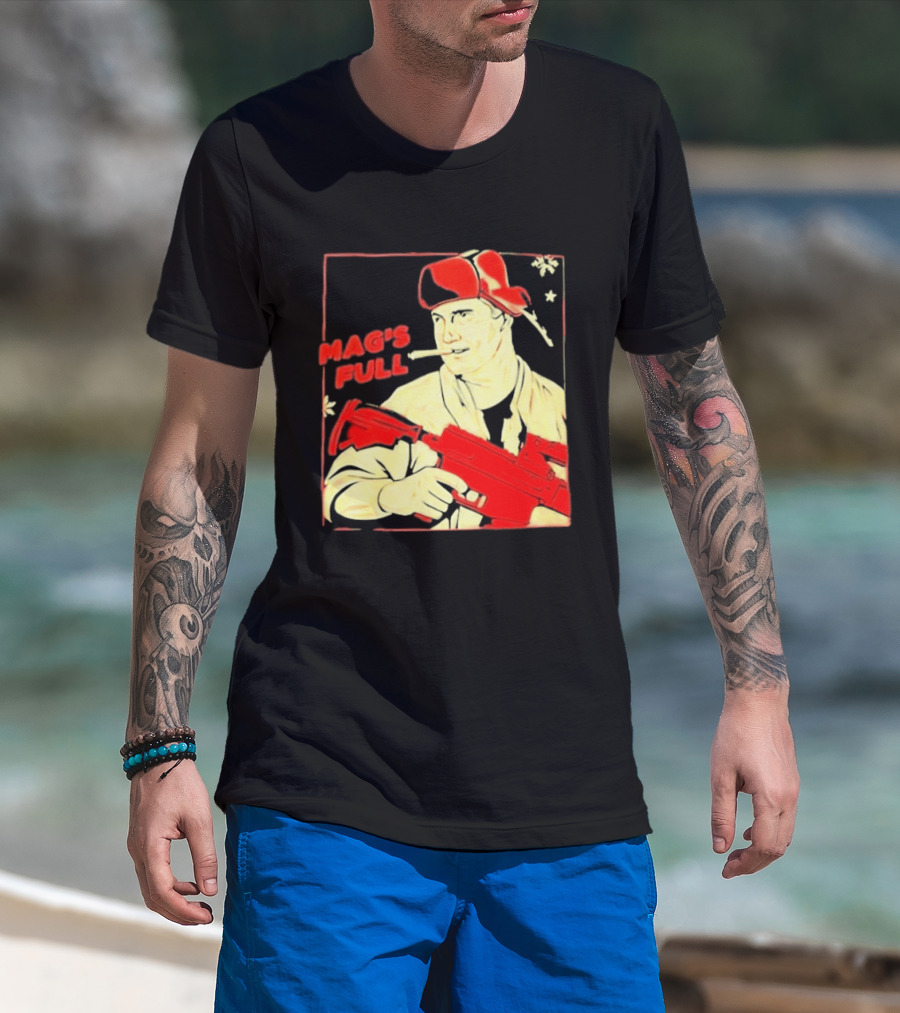 Mag's Full Armed Character With Red Cap And Gun T-Shirt