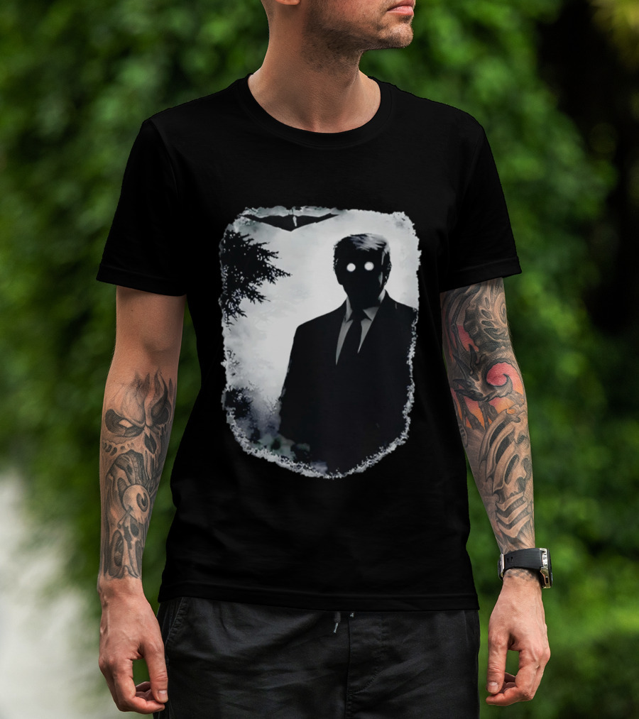 Dark Shadow Figure Mysterious Silhouette Trump Eerie Woods Cloaked Eyes T-Shirt