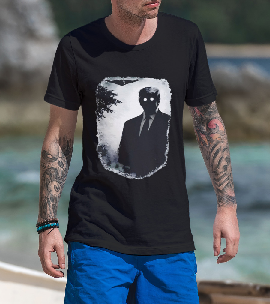 Dark Shadow Figure Mysterious Silhouette Trump Eerie Woods Cloaked Eyes T-Shirt