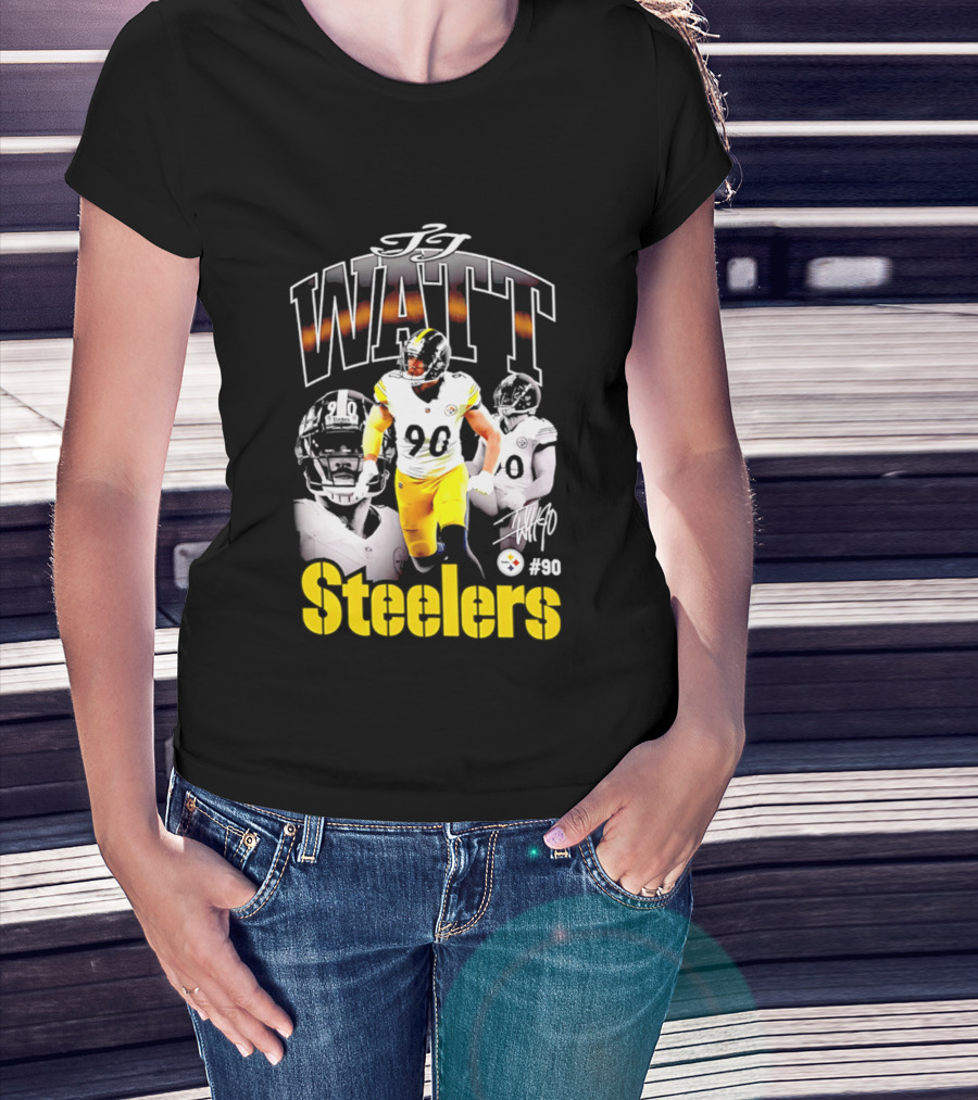 T.J. Watt Steelers #90 Triple Image With Signature T-Shirt