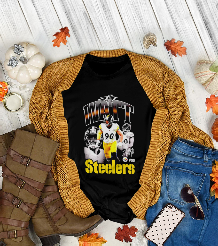 T.J. Watt Steelers #90 Triple Image with Signature T-Shirt