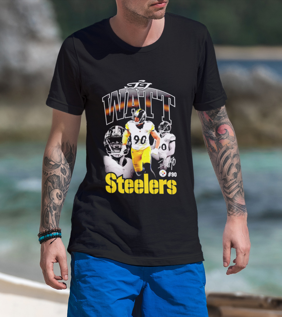 T.J. Watt Steelers #90 Triple Image With Signature T-Shirt