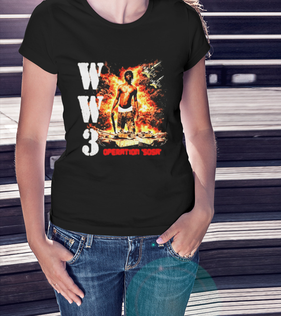 WW3 Operation Sosa Explosive Art With Iconic Figure And Fiery T-Shirt