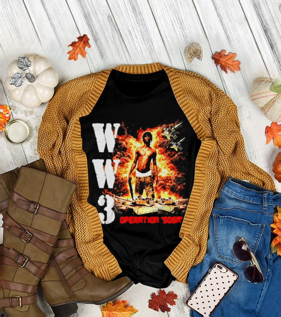 WW3 Operation Sosa Explosive Art with Iconic Figure and Fiery T-Shirt
