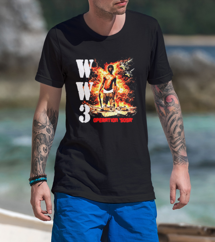 WW3 Operation Sosa Explosive Art With Iconic Figure And Fiery T-Shirt