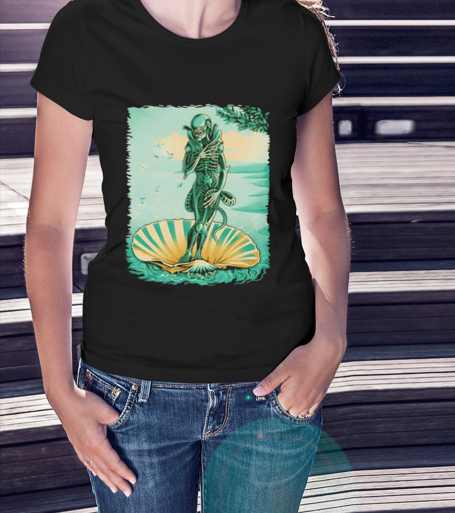 Alien Seated On Seashell The Birth Of Alienus Fusion Renaissance T-Shirt