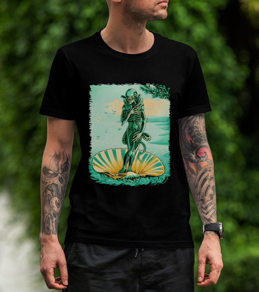 Alien Seated On Seashell The Birth Of Alienus Fusion Renaissance T-Shirt