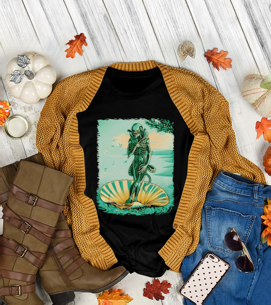 Alien Seated on Seashell The Birth Of Alienus Fusion Renaissance T-Shirt