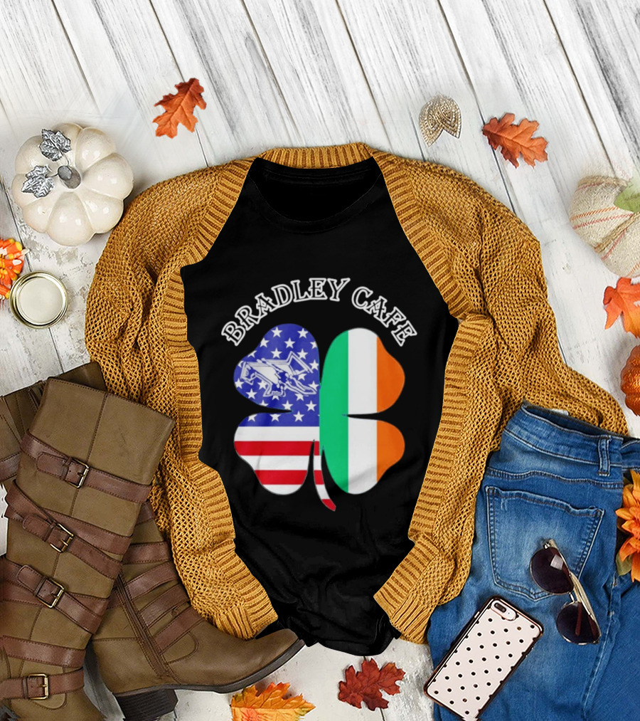 Bradley Cafe Providence RI Est 1937 Four Leaf Clover American Irish Flag T-Shirt
