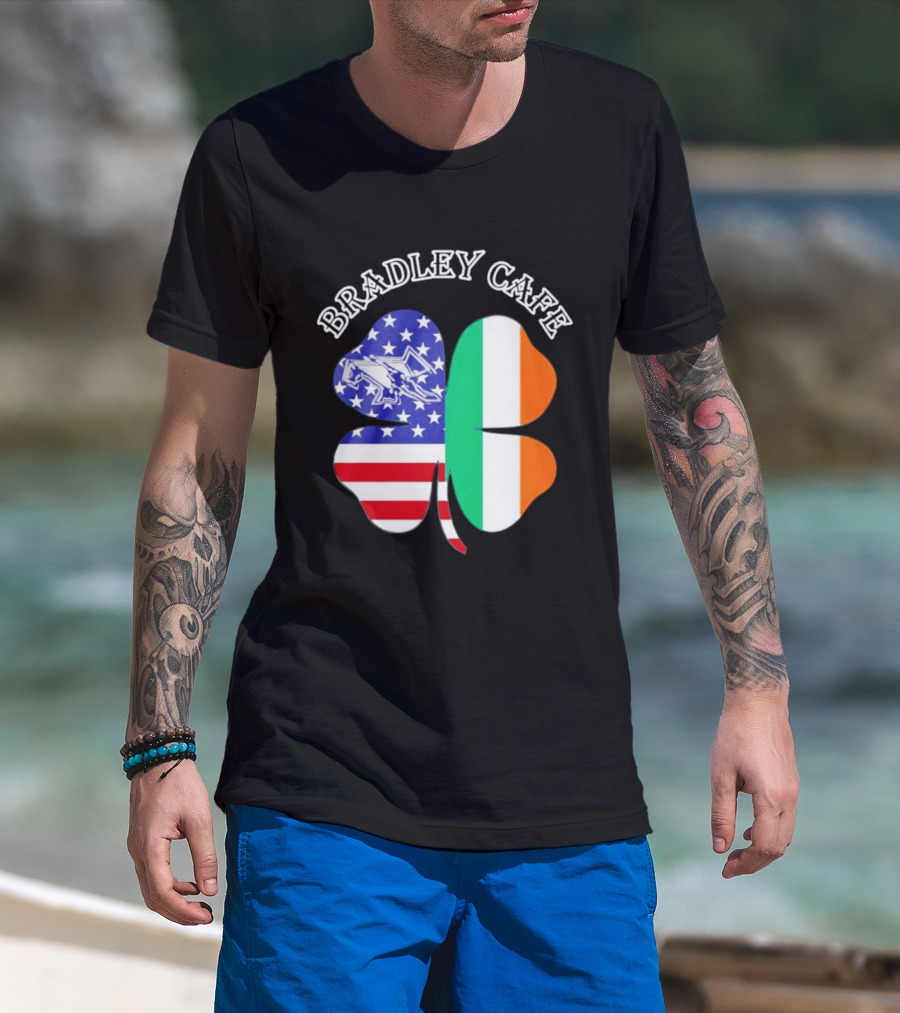 Bradley Cafe Providence RI Est 1937 Four Leaf Clover American Irish Flag T-Shirt