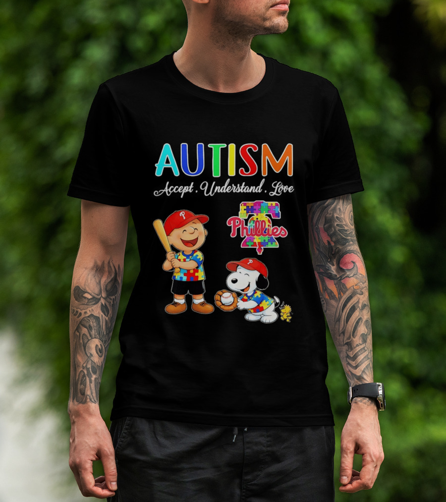 Charlie Brown Snoopy Philadelphia Phillies Autism Awareness Puzzle Piece Accept Understand Love T-Shirt